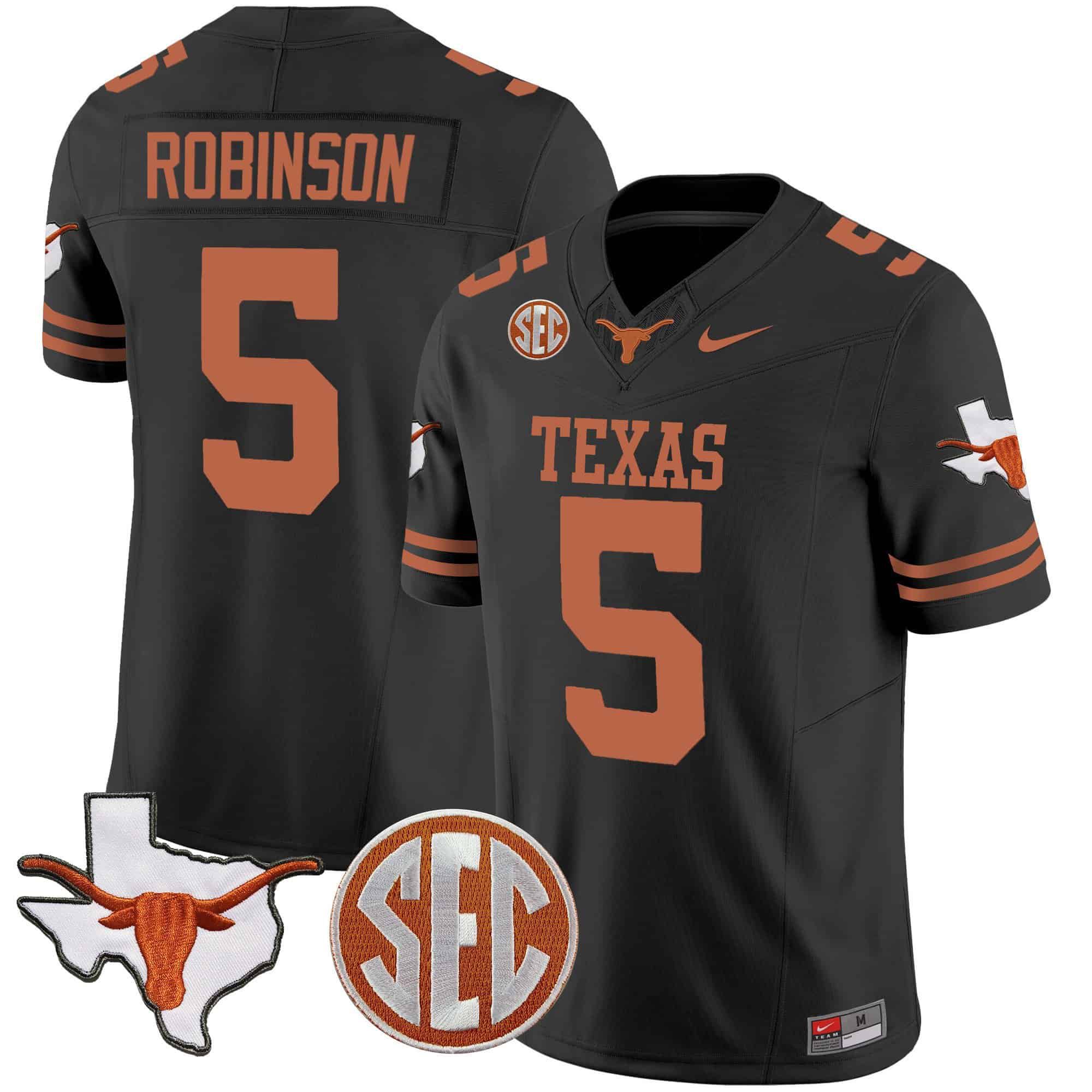 Men Texas Longhorns #5 Robinson Black 2024 Nike State Map & SEC Patch Vapor NCAA Jersey style 1